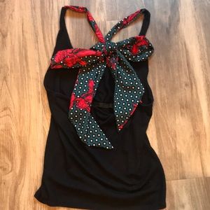 Ribbed black tank top with back bow detail